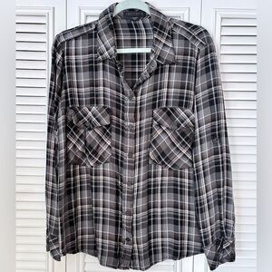 Sanctuary Black and Gray Plaid Boyfriend Snap Down Shirt Size M